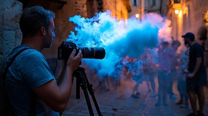 Fototapeta premium Photographer capturing vibrant blue smoke at night in a city street.