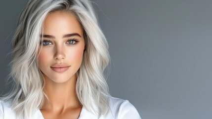 Fototapeta premium High-volume platinum blonde hair with soft waves styled perfectly in a studio portrait. The model gazes into the camera, wearing a white shirt, with grey lighting that enhances the smooth texture 