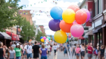 Vibrant street festival celebration with colorful balloons