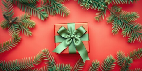 A Festive Red Gift Box with a Green Bow Adorned by Evergreen Branches