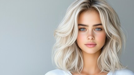 Naklejka premium Stunning blonde model with platinum, voluminous hair in soft waves, slightly faded at the roots. The studio setting features soft lighting that emphasizes the model’s natural beauty in a white 