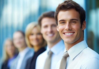 Fototapeta premium A confident leader stands with purpose, his team of diverse individuals behind him, symbolizing unity and strength in a powerful, urban setting.
