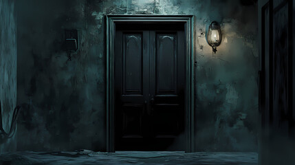 A mysterious black door stands alone in a dark room, evoking curiosity and intrigue. Rapture. Illustration