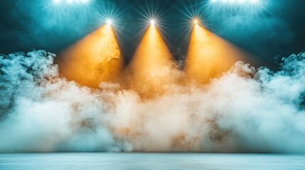 Fototapeta premium The bright stadium lights illuminated the arena with a dazzling display, casting shadows through the thick cloud of smoke that engulfed the stage, creating an electrifying and mysterious atmosphere.