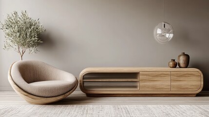 Modern interior featuring a stylish chair, wooden cabinet, and decorative vases.