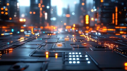 Futuristic City Landscape with Glowing Lights and Circuits