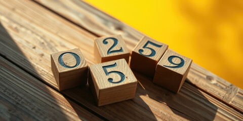 Wooden number blocks arranged on a rustic surface against a yellow background