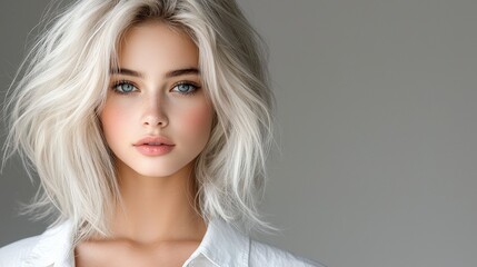 Naklejka premium A portrait of a blonde model in a white shirt, with voluminous, platinum blonde hair styled in loose waves. The grey background creates a neutral contrast, emphasizing the softness and volume 