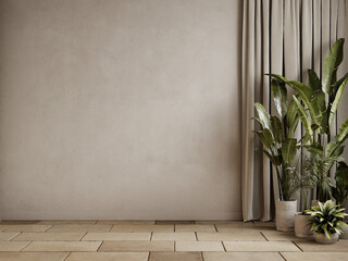 Beige gray empty interior with tile floor, plants and curtain. 3d render illustration mockup.