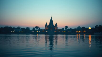 Fototapeta premium Serene Twilight Reflection of a Grand Temple on Calm Waters