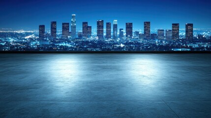 Obraz premium A nighttime city skyline view with a smooth, empty foreground.