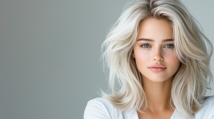 Fototapeta premium Close-up of a blonde model with platinum blonde hair styled into voluminous waves. The high-detail lighting brings out the smooth texture of her hair, with a simple white shirt and grey background 