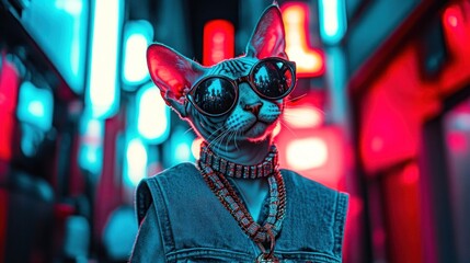 A stylish cat in sunglasses and jewelry poses in a neon-lit urban setting.