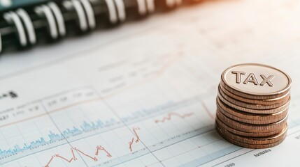 Stack of Coins Marked Tax on Financial Documents Representing Economic Planning