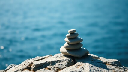 Serene Stack of Stones on a Rocky Seashore, a Symbol of Balance and Tranquility