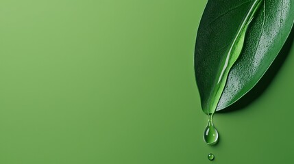 Pouring water movement drip. A close-up of a green leaf with a water droplet, showcasing nature's beauty and freshness against a smooth green background.