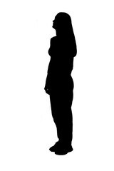 side view of  silhouette  of a woman standing looking up on white background