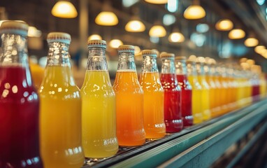 Vibrant rows of colorful glass bottles glide along a conveyor belt, bathed in warm, inviting light. A captivating scene of production and freshness.