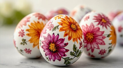 Fototapeta premium Easter eggs adorned with vibrant flowers painted in an array of hues, adding a touch of springtime beauty and cheer to the seasonal decorations.