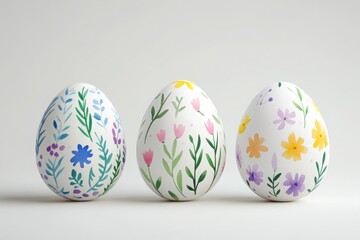 Fototapeta premium Three watercolor easter eggs decorated with spring flowers and leaves stand on a white background