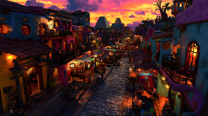 A Captivating Sunset View Over a Bustling Maya City Rich in Culture and History