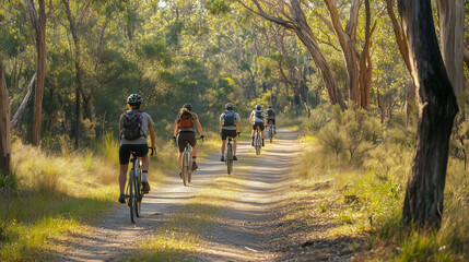 Obraz premium People cycling through the park in autumn with family and friends enjoying outdoor activities