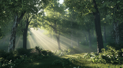 Obraz premium Misty morning sunlight filtering through the forest trees