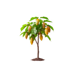 A cacao tree adorned with ripe, yellow cacao pods, isolated on white background