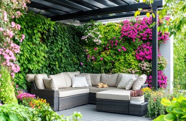 Fototapeta premium Cozy outdoor seating area surrounded by vibrant flowers and greenery.