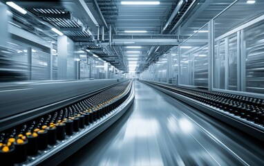 Naklejka premium High-speed conveyor belt system in a modern factory. Sleek, efficient, and technologically advanced industrial production.