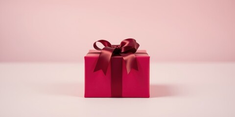 Fototapeta premium A crimson gift box with a deep burgundy ribbon, elegantly presented on a pale pink background