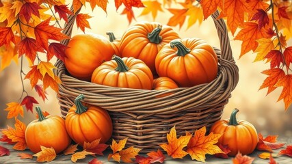Autumnal Harvest A wicker basket overflowing with vibrant orange pumpkins, nestled amongst the warm hues of falling autumn leaves.
