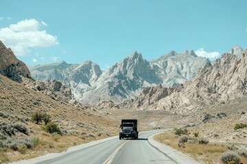 Fototapeta premium A truck drives along a winding road surrounded by majestic mountains under a clear sky.
