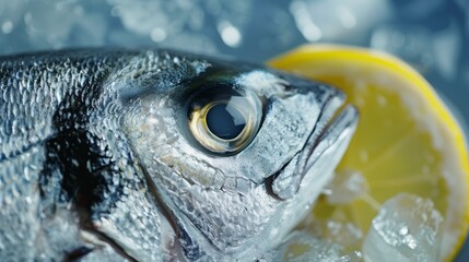 Fresh fish with ice and lemon slices close-up