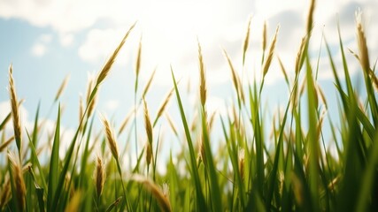 Fototapeta premium Golden Grass Blades Swaying Gently in a Summer Breeze Under a Sunny Sky