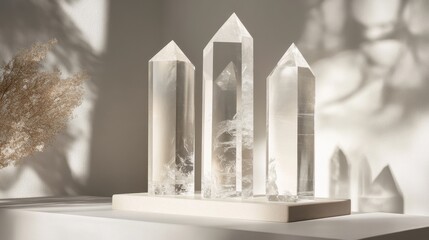 Elegant crystal display stands with minimalistic decor.