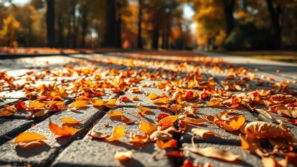 Autumnal Pathway Fallen Leaves on a Stone Walkway