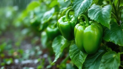 Hyper-realistic painting of fresh green bell peppers glistening in a rain-drenched garden, vibrant colors, soft morning light, and detailed water droplets