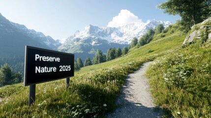 Scenic Mountain Landscape with Sign for Nature Preservation and Sustainability Goals in a Beautiful Green Setting Under a Clear Blue Sky