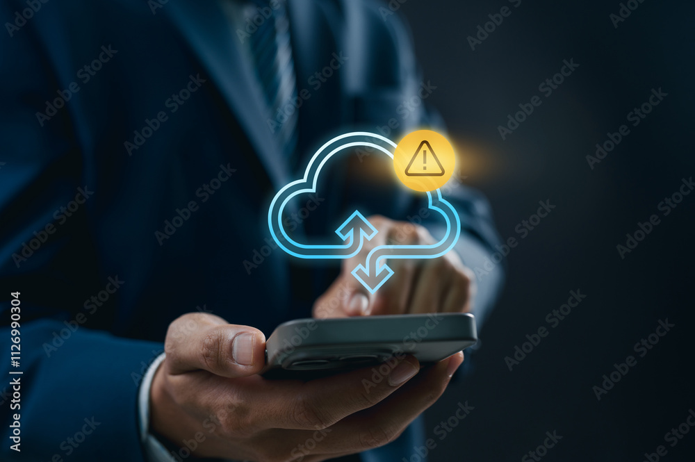 Poster Mobile Cloud Data Alert Notification on Handheld Device, Showcasing Security Management, Cyber Risk Prevention, and Digital Connectivity for Real Time Protection in Business Operations.