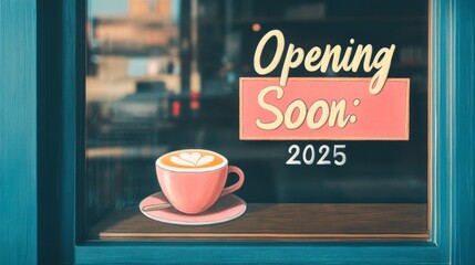 Charming Coffee Shop Window Announcement with Decorative Latte Art and Stylish Typography for Future Opening in 2025