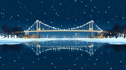 Fototapeta premium Illuminated Suspension Bridge Winter Night Scene