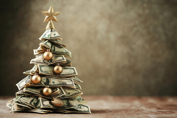A creative Christmas tree made entirely of dollar bills arranged in a festive pyramid shape, decorated with gold ornaments and set against a neutral or festive background


