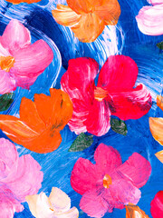 Abstract red and pink flowers, original hand drawn, impressionism style, color texture, brush strokes of acrylic paint, art background.