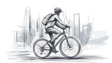 Obraz premium Elegant line art of an urban cyclist pedaling through the city, drawn in a single black stroke for a modern look.