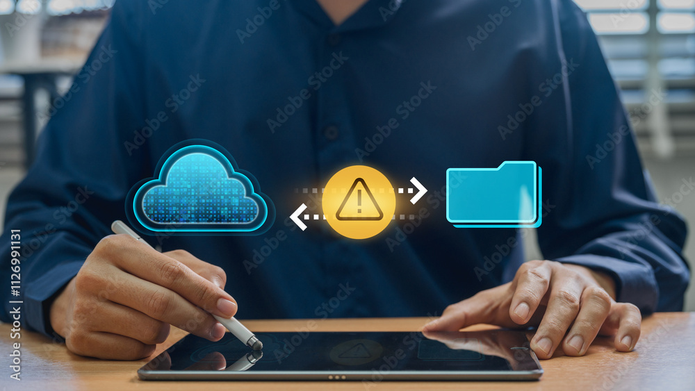 Leinwandbilder Interactive Cloud File and Folder Transfer with Warning Notifications, Emphasizing Data Security, Encryption, and Backup Solutions for Effective Cyber Risk Management.