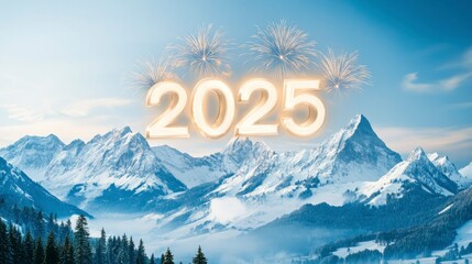 Stunning Mountain Landscape with Fireworks Celebration for New Year 2025, Majestic Peaks and Snowy Scenery, Perfect for Holiday and Celebration Themes