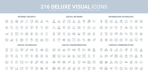 Digital transformation with AI services, development of information technology line icon set. Cybersecurity software, connection and network operation thin black outline symbols vector illustration