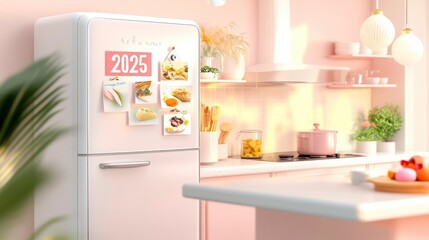 Modern Kitchen Interior with a Stylish Fridge Displaying Food Images and a Calendar for the Year 2025, Emphasizing Contemporary Design and Culinary Inspiration