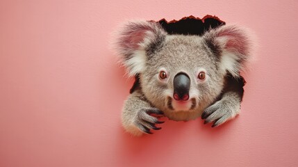 Obraz premium Cute koala peeking through a hole in a pink wall, showcasing its playful nature and expressive features
